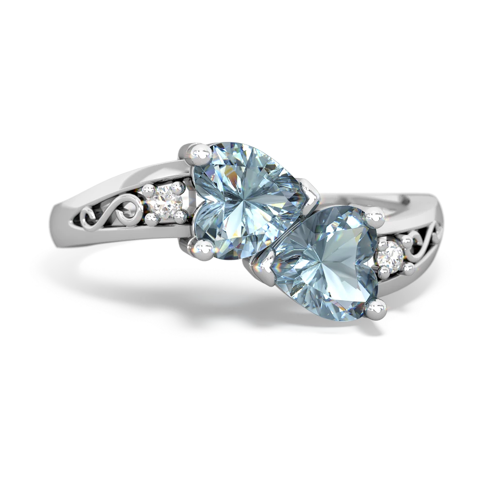 Aquamarine Snuggling Hearts 14K White Gold ring R2178