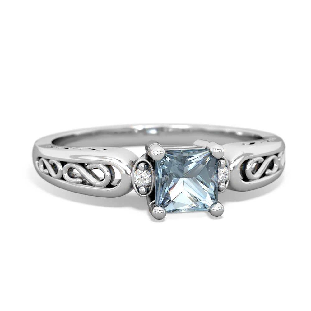 Aquamarine Filligree Scroll Square 14K White Gold ring R2430