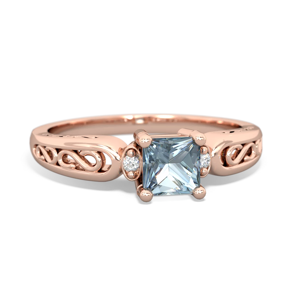 Aquamarine Filligree Scroll Square 14K Rose Gold ring R2430