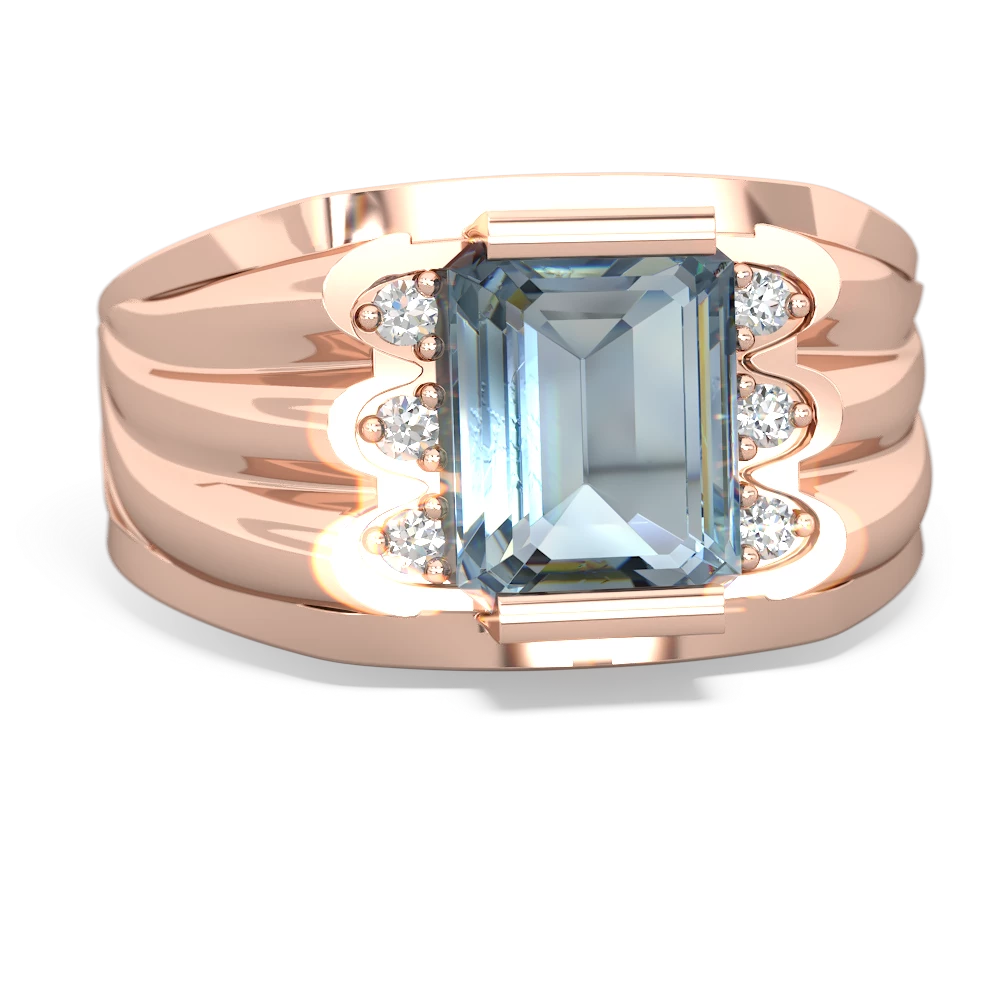 Aquamarine Men's 9X7mm Emerald-Cut 14K Rose Gold ring R1835