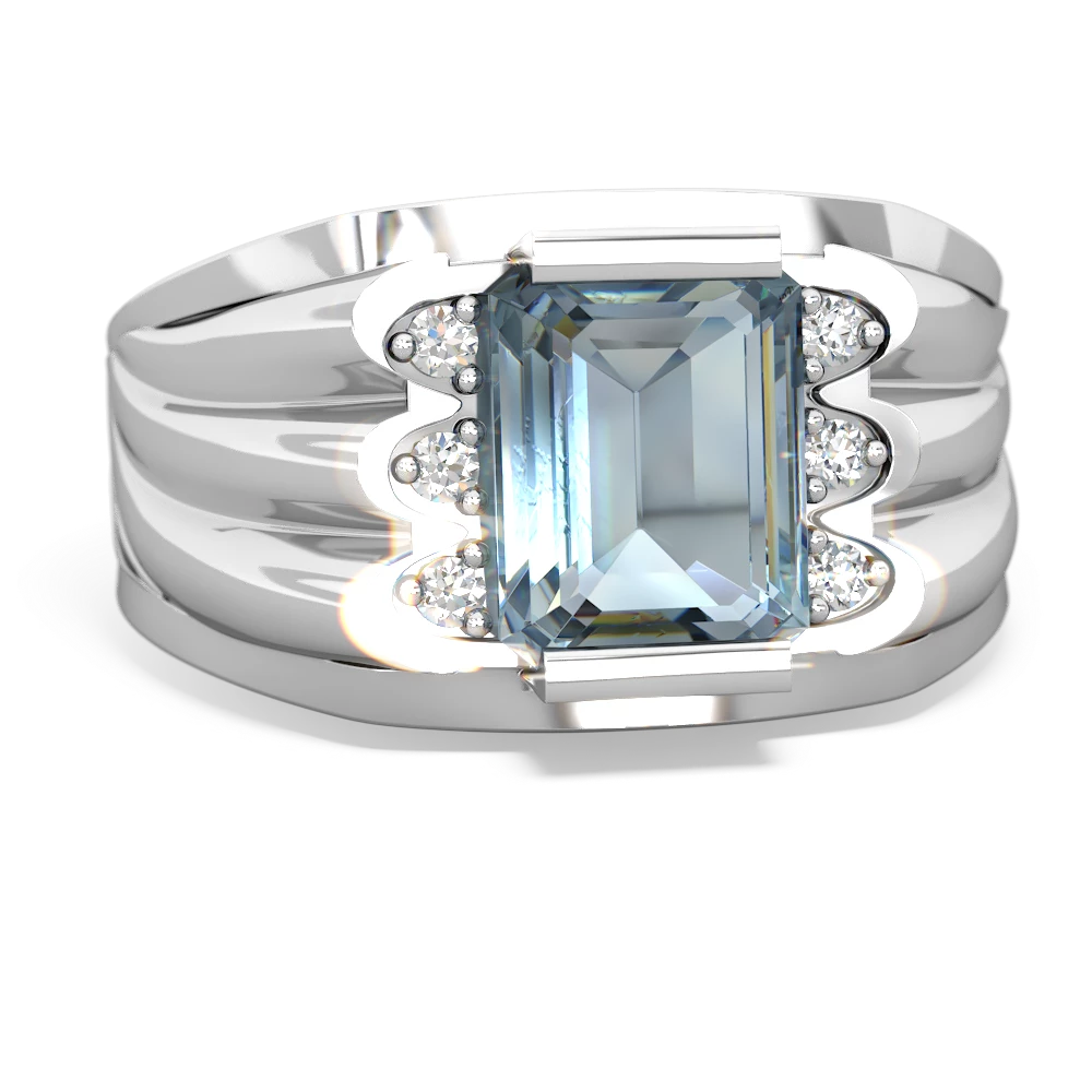 Aquamarine Men's 9X7mm Emerald-Cut 14K White Gold ring R1835