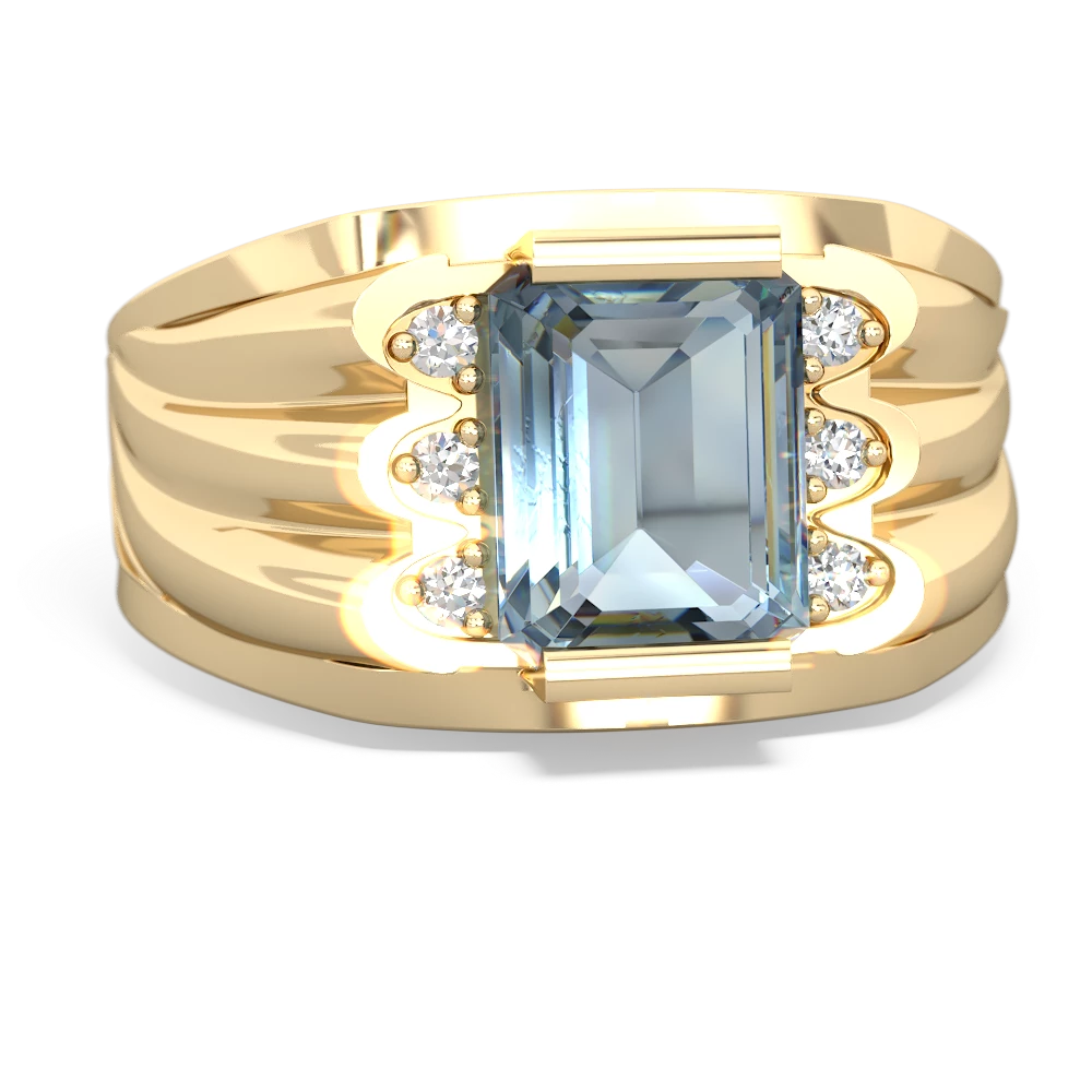 Aquamarine Men's 9X7mm Emerald-Cut 14K Yellow Gold ring R1835