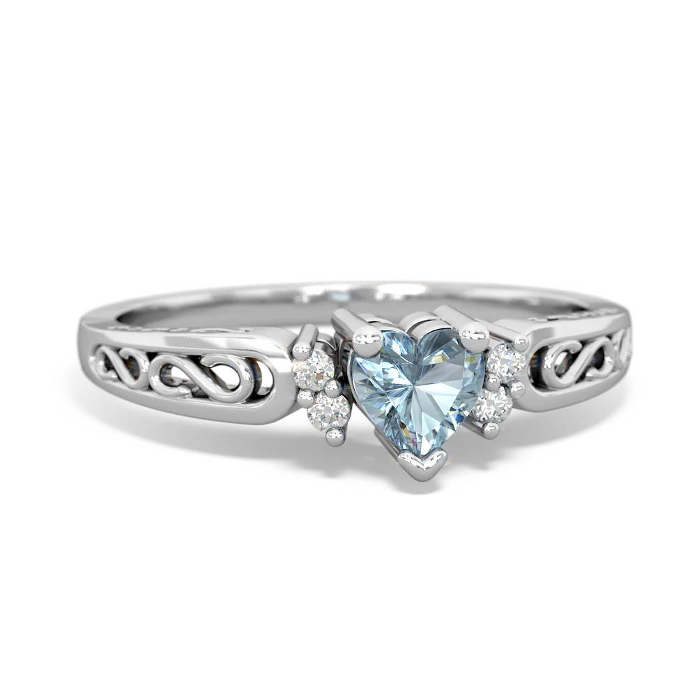 Aquamarine Filligree Scroll Heart 14K White Gold ring R2429