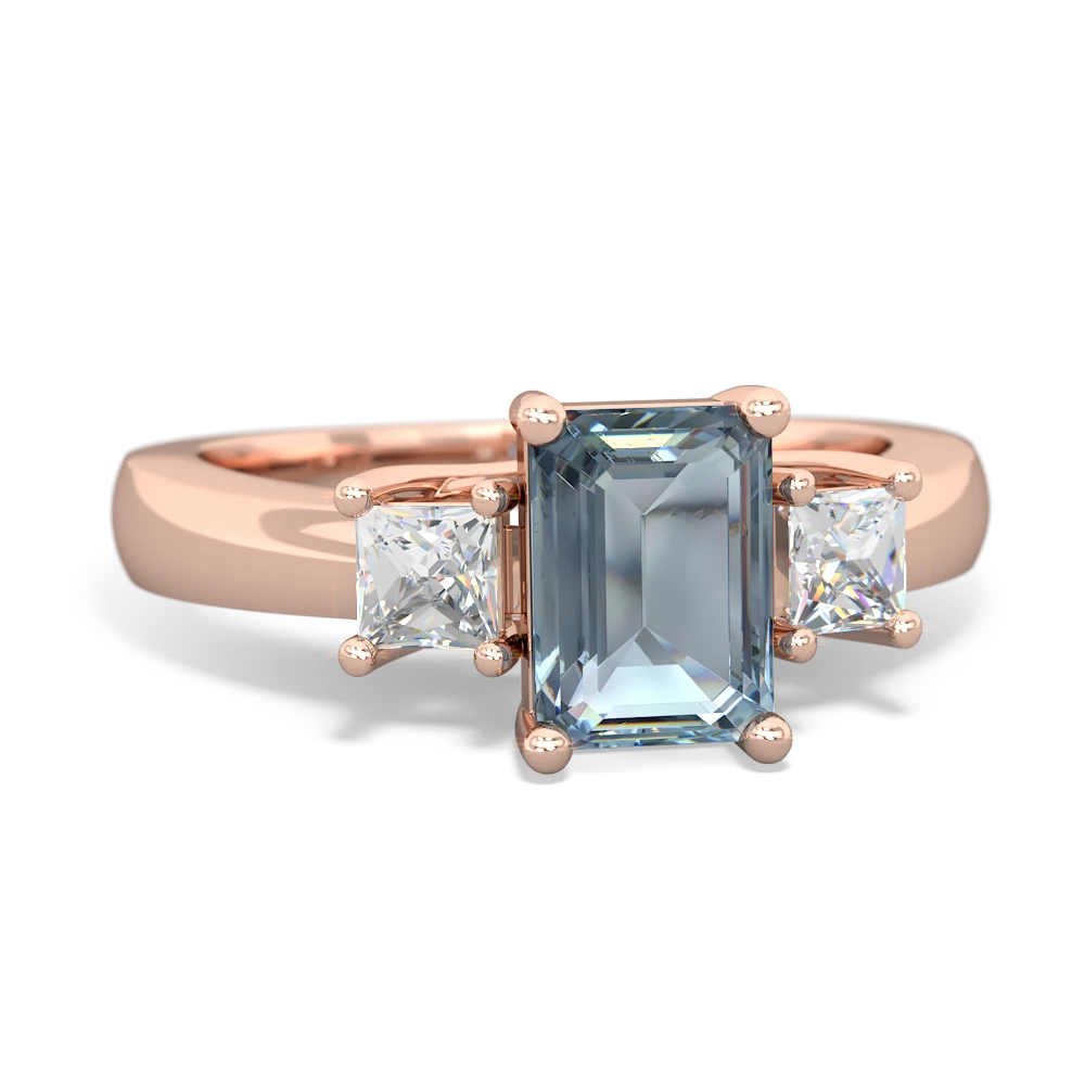 Aquamarine Diamond Three Stone Emerald-Cut Trellis 14K Rose Gold ring R4021