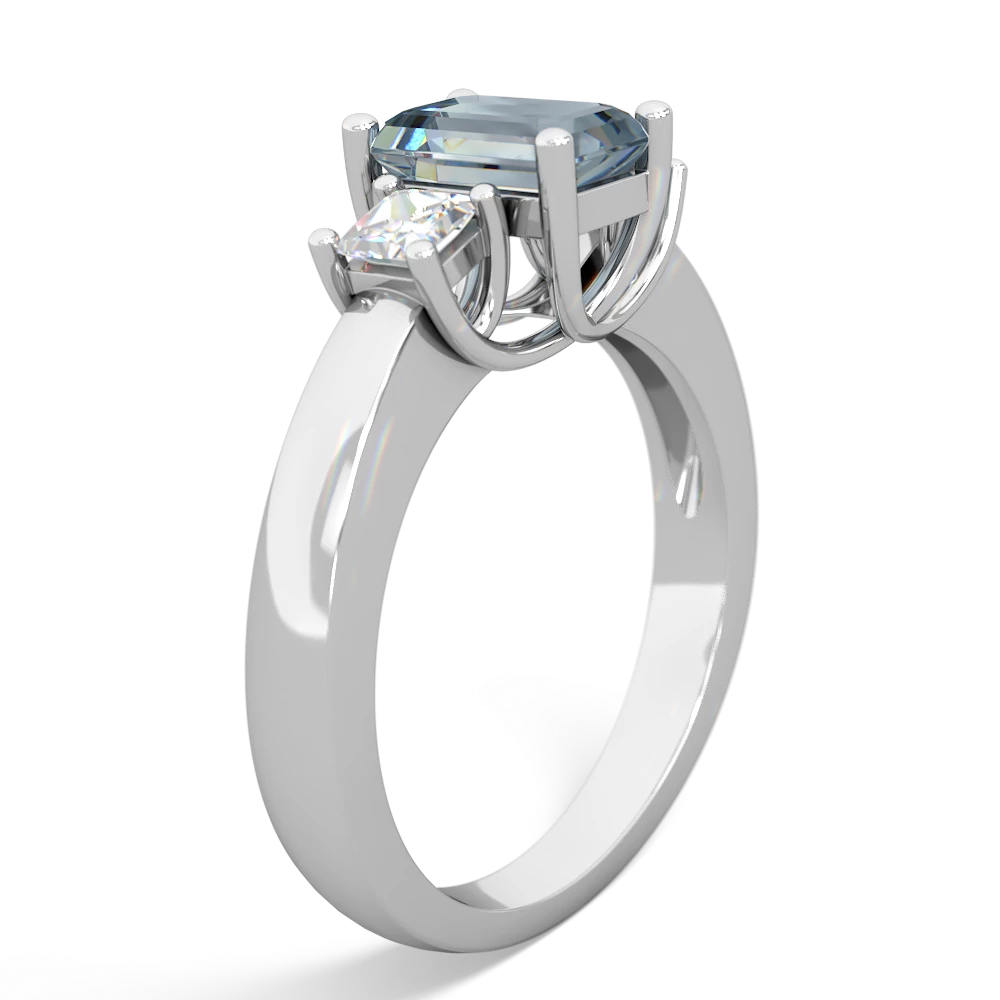 Aquamarine Diamond Three Stone Emerald-Cut Trellis 14K White Gold ring R4021