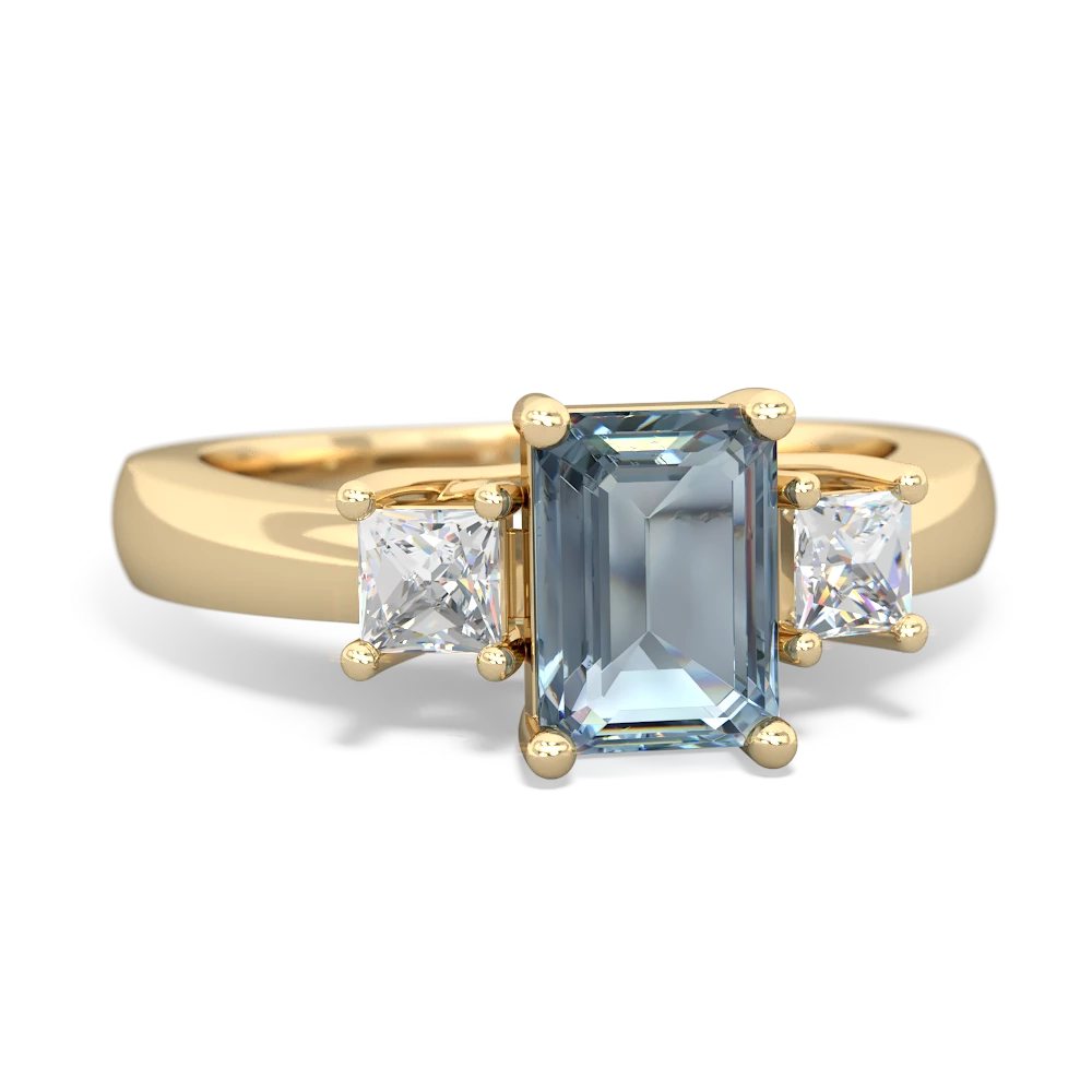 Aquamarine Diamond Three Stone Emerald-Cut Trellis 14K Yellow Gold ring R4021