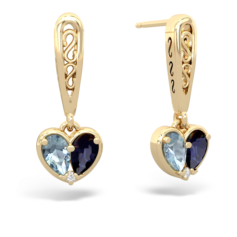 Aquamarine Filligree Heart 14K Yellow Gold earrings E5070