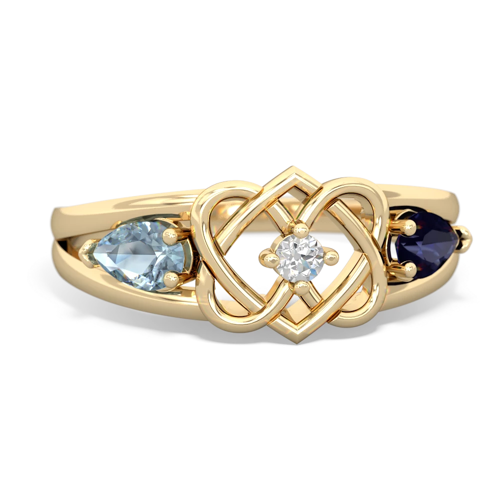 Aquamarine Hearts Intertwined 14K Yellow Gold ring R5880