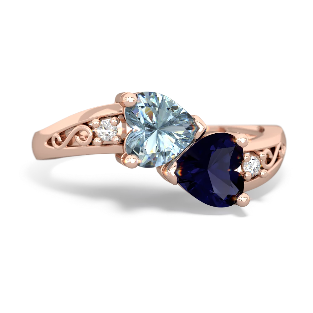 Aquamarine Snuggling Hearts 14K Rose Gold ring R2178