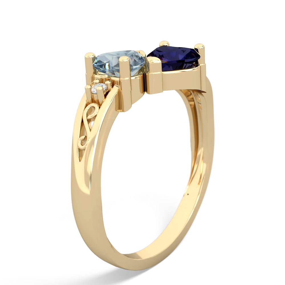 Aquamarine Snuggling Hearts 14K Yellow Gold ring R2178