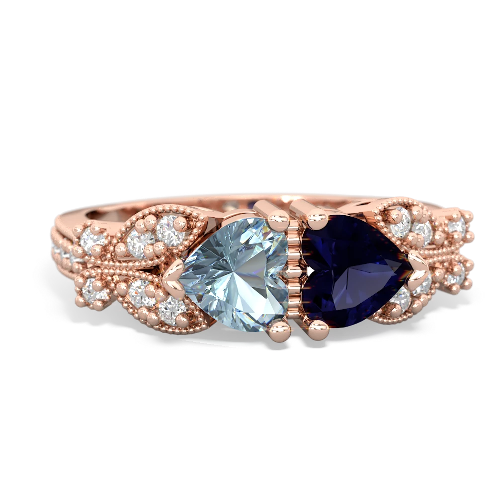 Aquamarine Diamond Butterflies 14K Rose Gold ring R5601