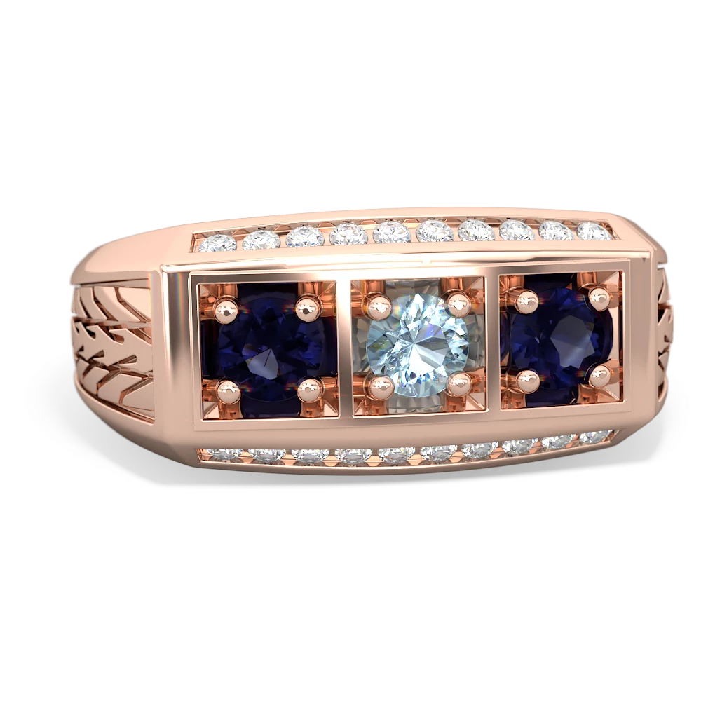 Aquamarine Three Stone Tire Tread Men's 14K Rose Gold ring R0520