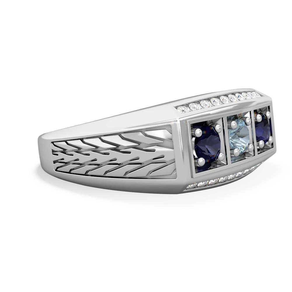 Aquamarine Three Stone Tire Tread Men's 14K White Gold ring R0520