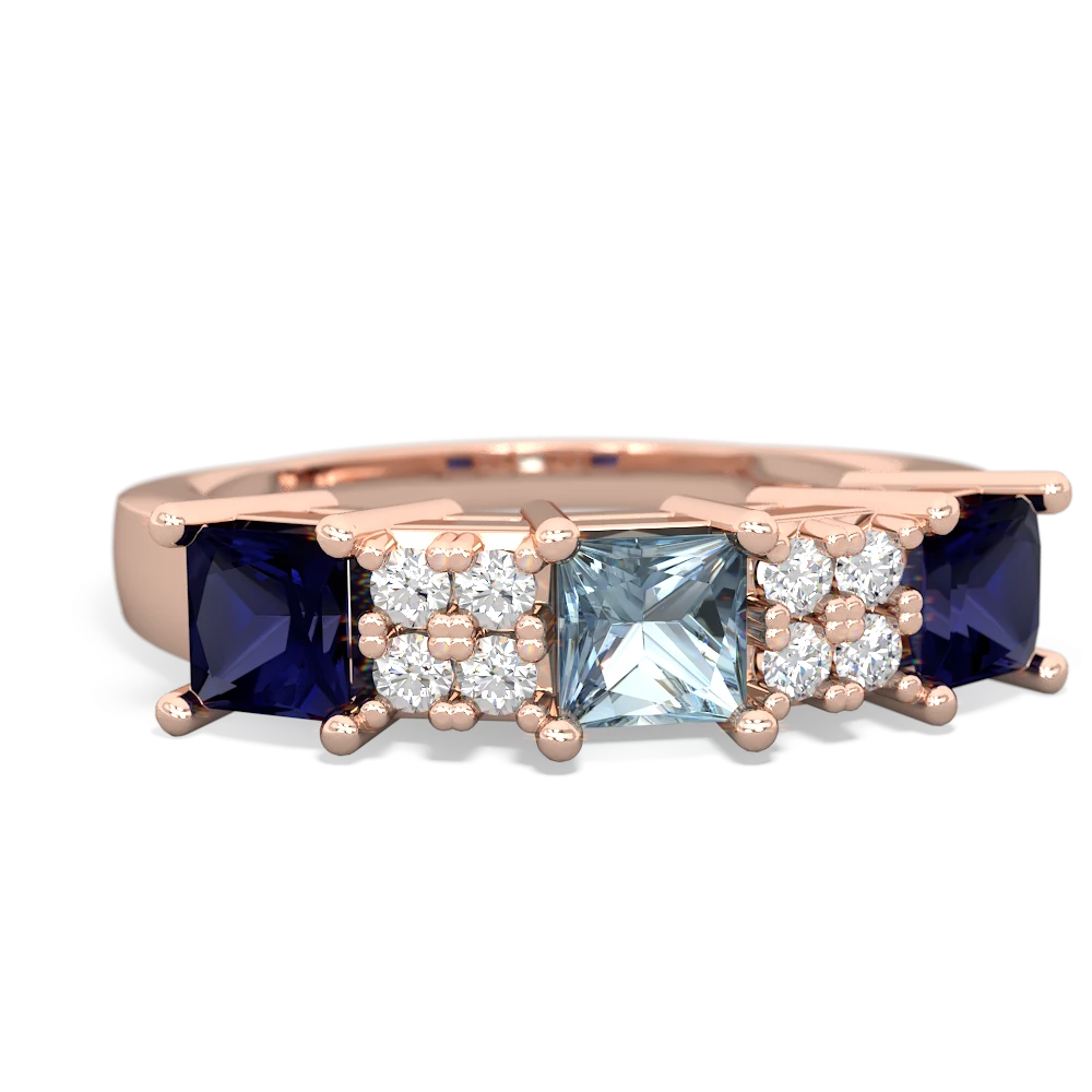 Aquamarine Three Stone Diamond Cluster 14K Rose Gold ring R2592