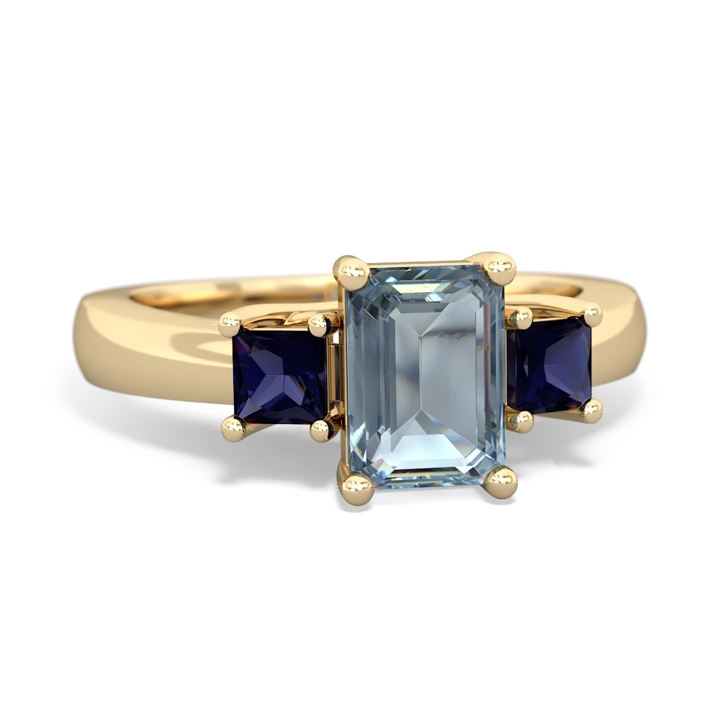 Aquamarine Three Stone Emerald-Cut Trellis 14K Yellow Gold ring R4021