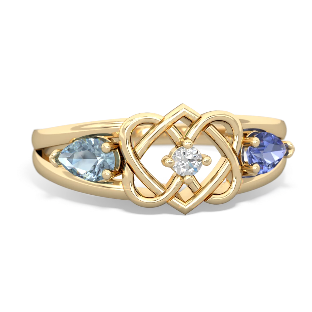 Aquamarine Hearts Intertwined 14K Yellow Gold ring R5880