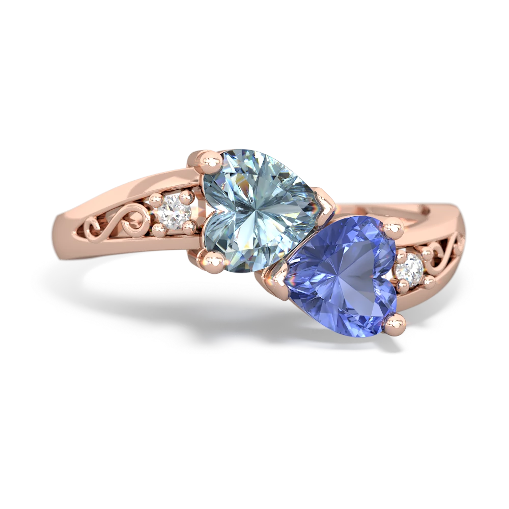 Aquamarine Snuggling Hearts 14K Rose Gold ring R2178