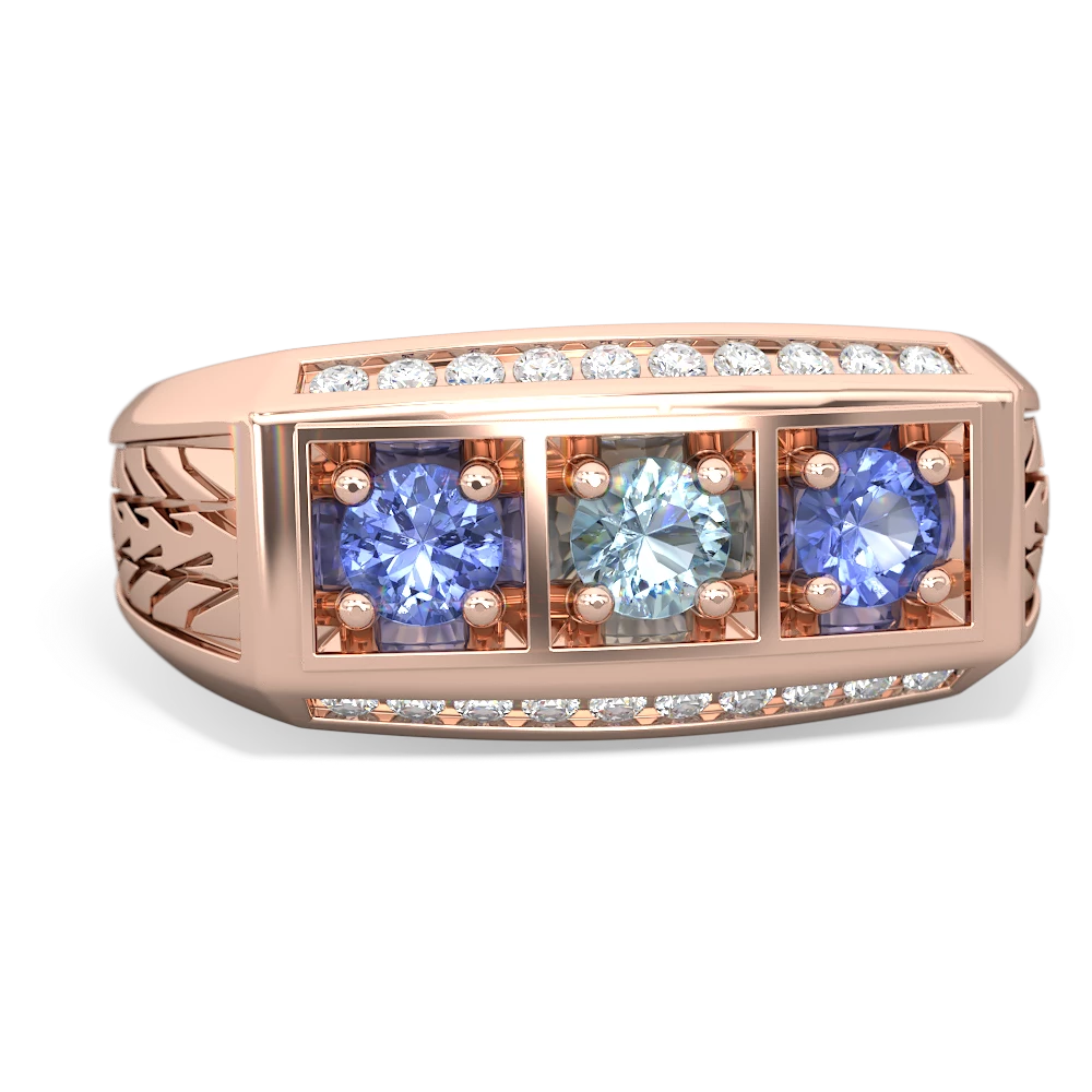 Aquamarine Three Stone Tire Tread Men's 14K Rose Gold ring R0520