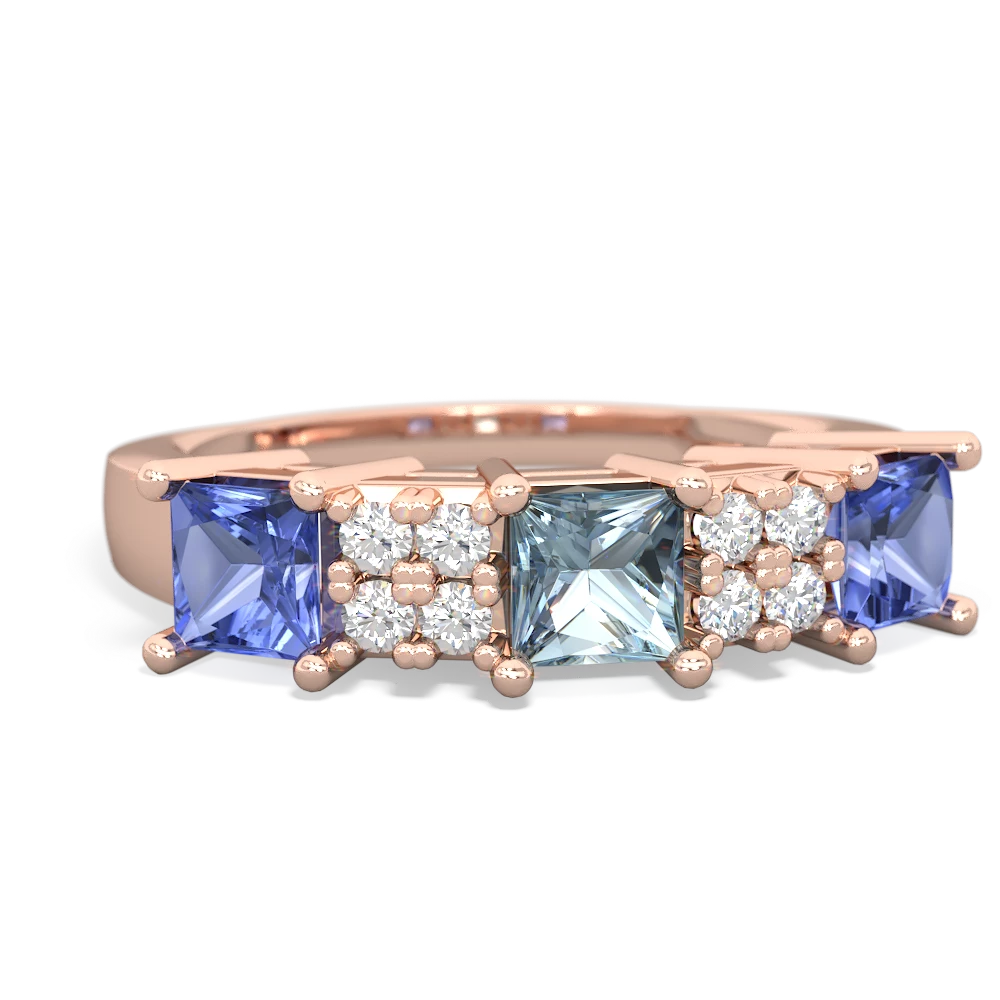 Aquamarine Three Stone Diamond Cluster 14K Rose Gold ring R2592