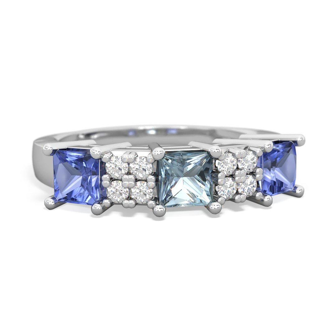 Aquamarine Three Stone Diamond Cluster 14K White Gold ring R2592