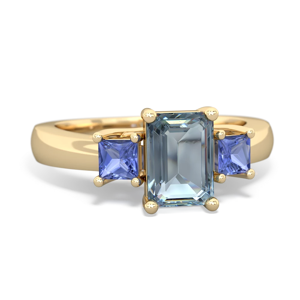 Aquamarine Three Stone Emerald-Cut Trellis 14K Yellow Gold ring R4021