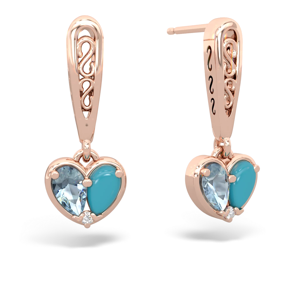 Aquamarine Filligree Heart 14K Rose Gold earrings E5070