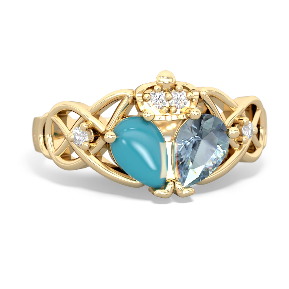 Aquamarine 'One Heart' Celtic Knot Claddagh 14K Yellow Gold ring R5322