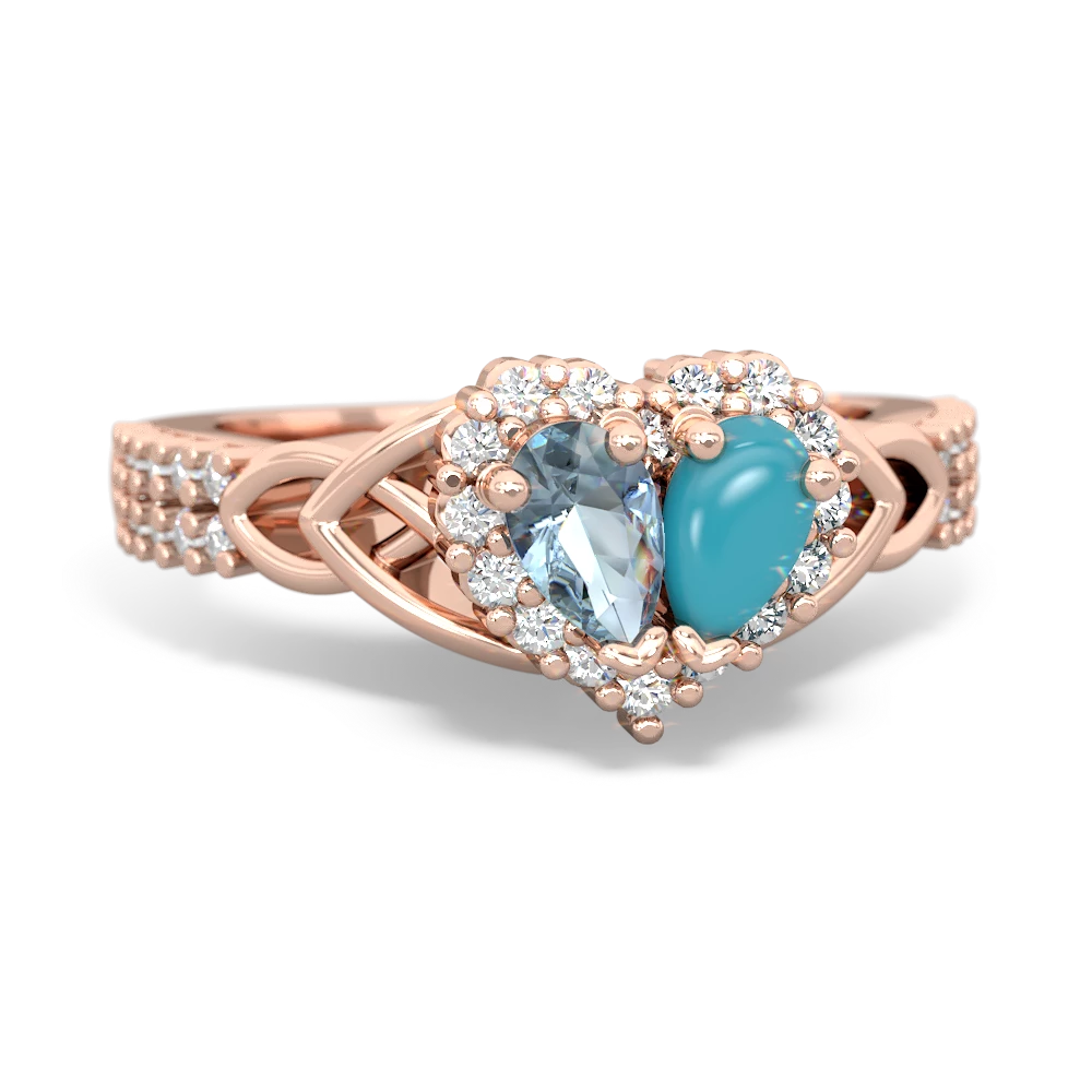 Aquamarine Celtic Knot Two Hearts As One 14K Rose Gold ring R2644HRT