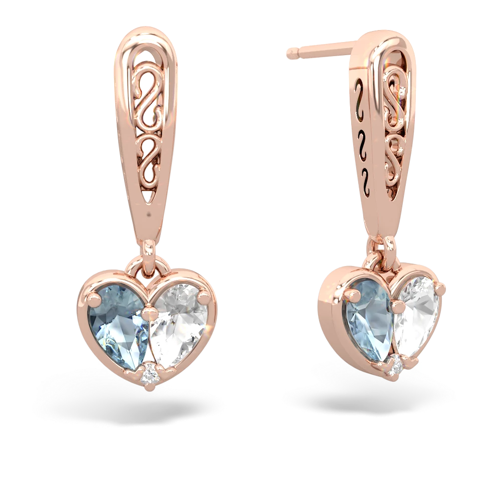 Aquamarine Filligree Heart 14K Rose Gold earrings E5070