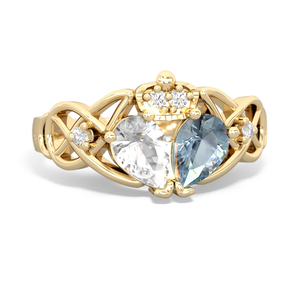 Aquamarine 'One Heart' Celtic Knot Claddagh 14K Yellow Gold ring R5322