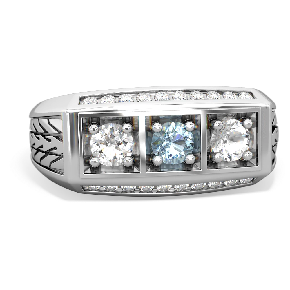 Aquamarine Three Stone Tire Tread Men's 14K White Gold ring R0520