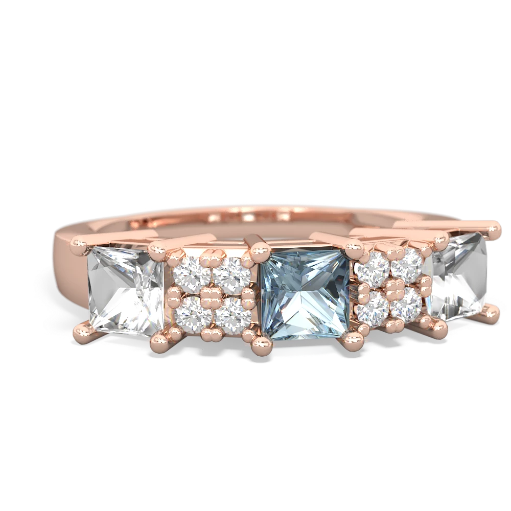 Aquamarine Three Stone Diamond Cluster 14K Rose Gold ring R2592