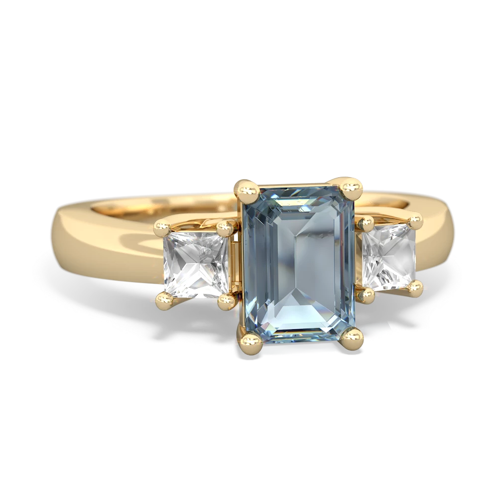 Aquamarine Three Stone Emerald-Cut Trellis 14K Yellow Gold ring R4021