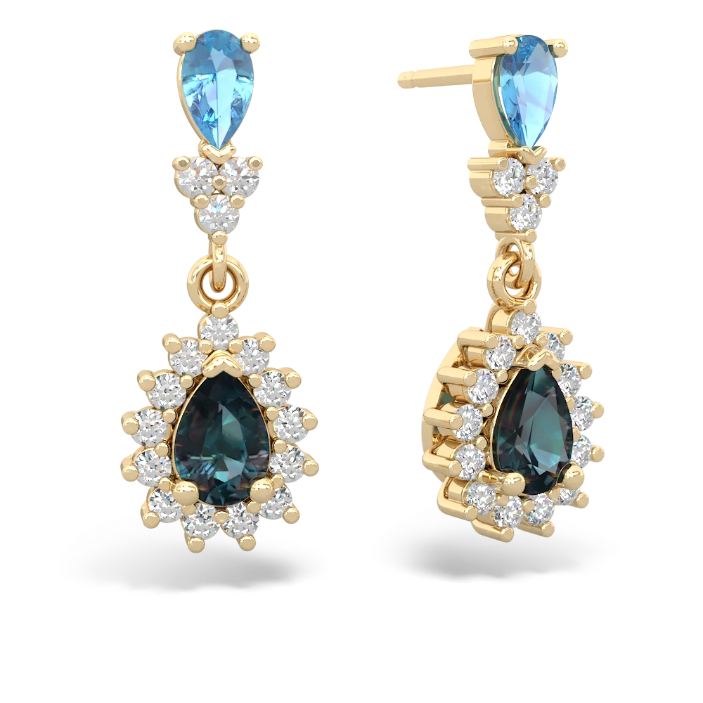 Blue Topaz Halo Pear Dangle 14K Yellow Gold earrings E1882