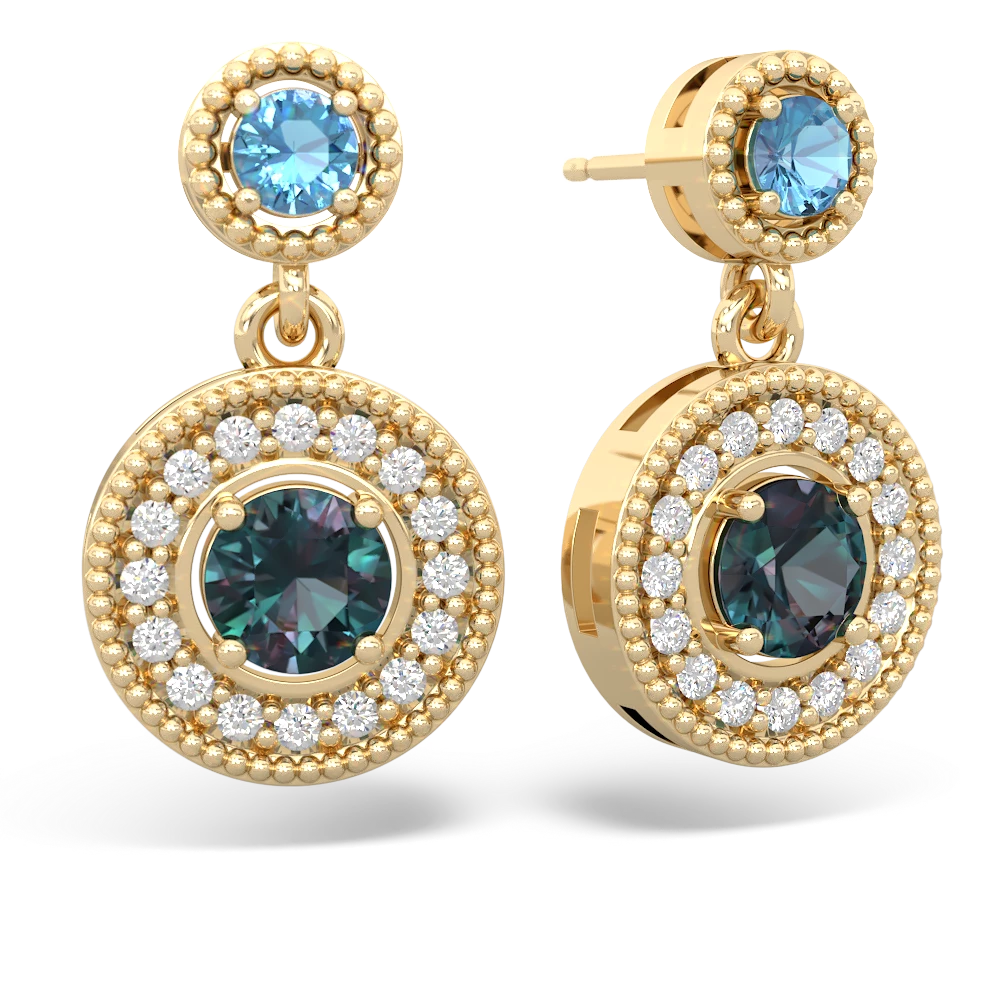 Blue Topaz Halo Dangle 14K Yellow Gold earrings E5319