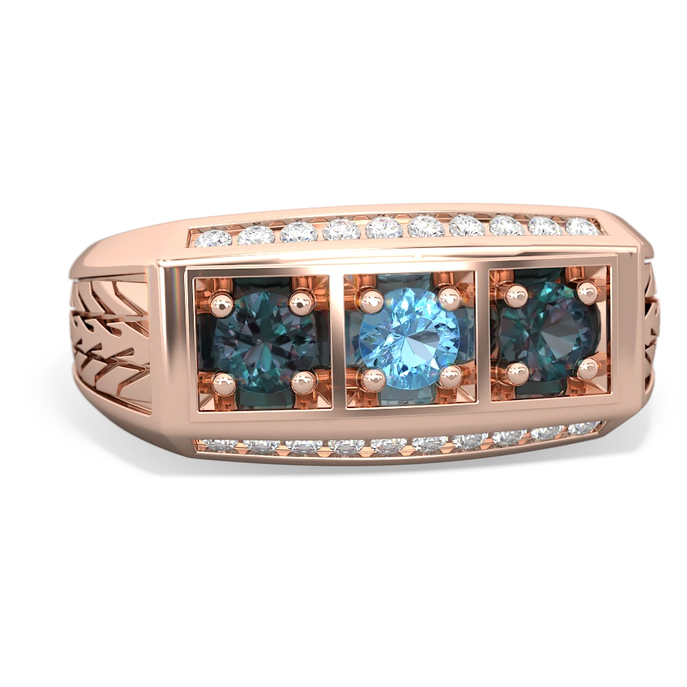 Blue Topaz Three Stone Tire Tread Men's 14K Rose Gold ring R0520