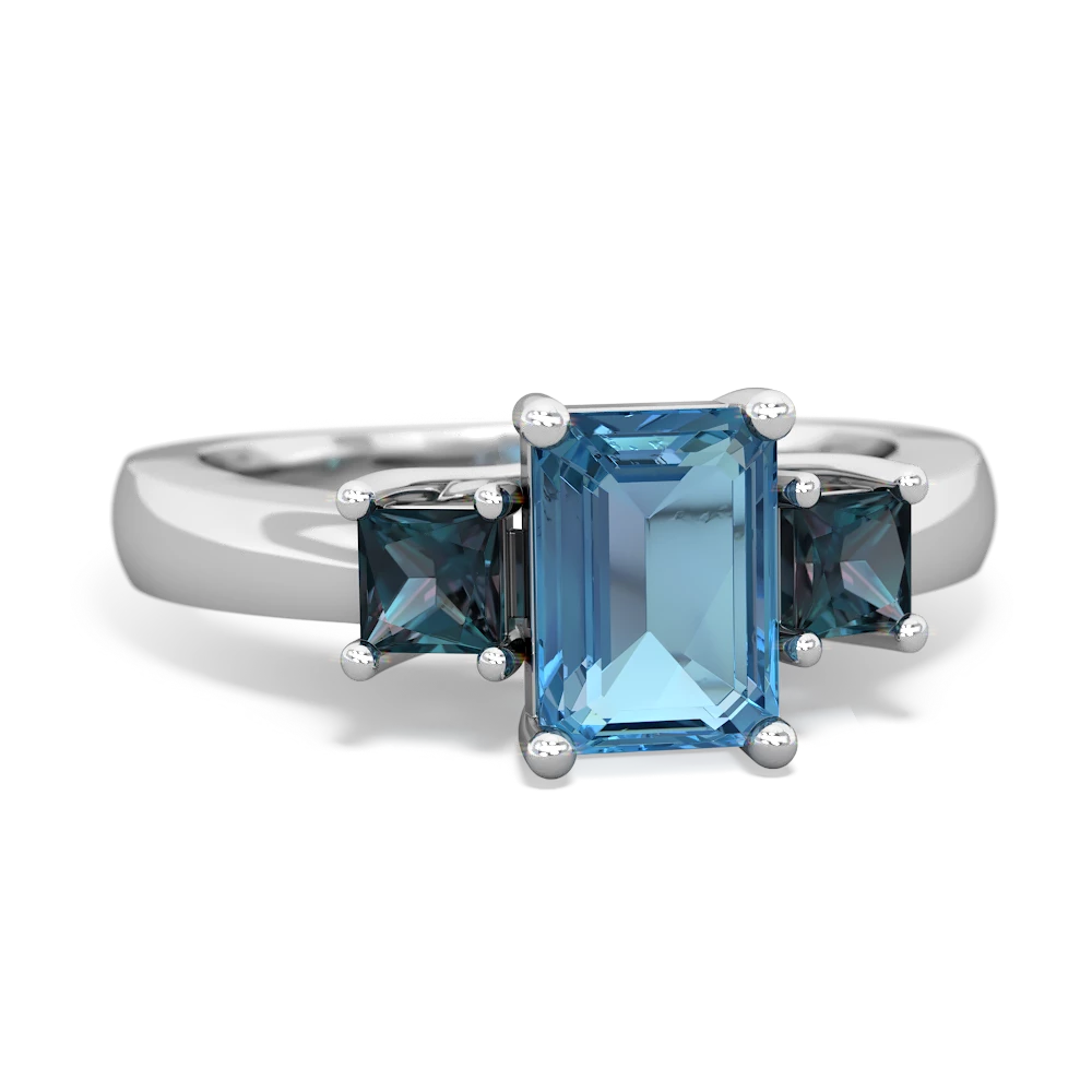 Blue Topaz Three Stone Emerald-Cut Trellis 14K White Gold ring R4021