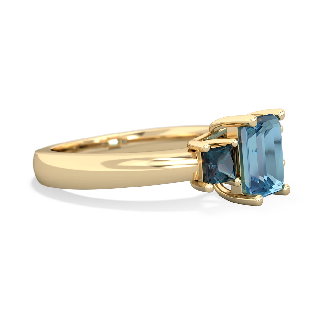 Blue Topaz Three Stone Emerald-Cut Trellis 14K Yellow Gold ring R4021