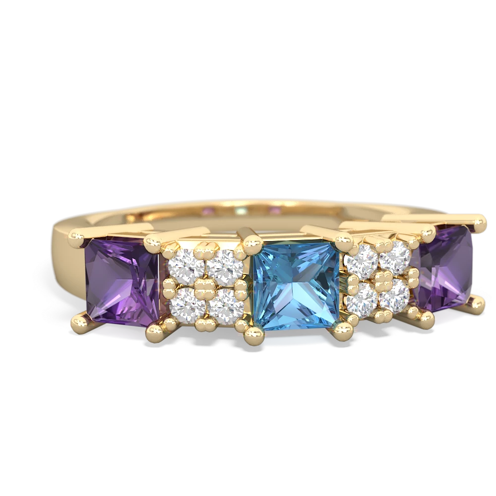 Blue Topaz Amethyst Fire Opal Three Stone Diamond Cluster Ring 14K Yellow Gold JewelsForMe