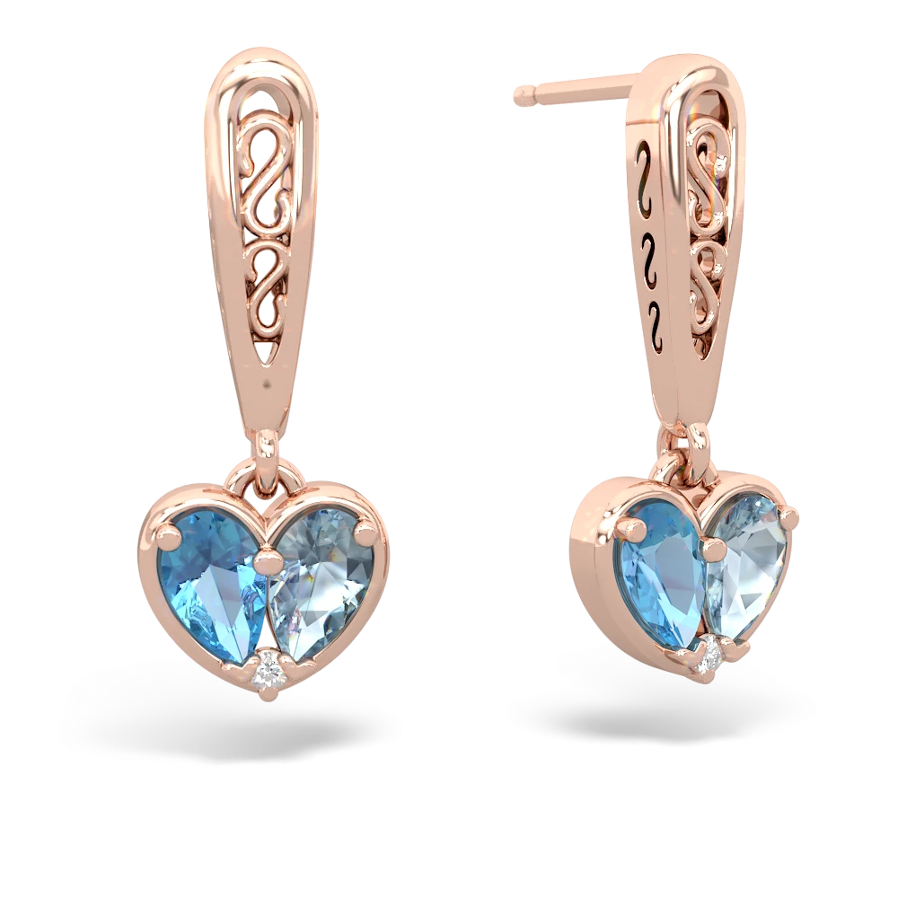 Blue Topaz Filligree Heart 14K Rose Gold earrings E5070