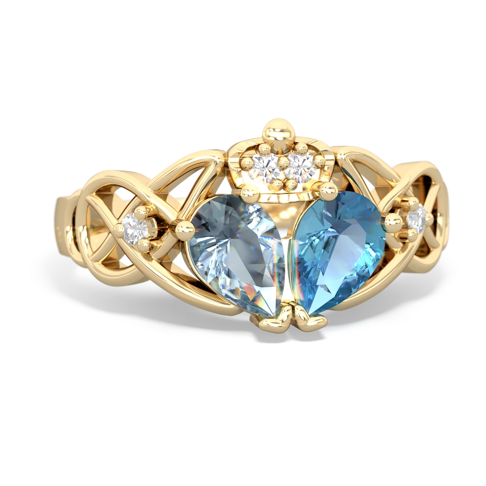 Blue Topaz 'One Heart' Celtic Knot Claddagh 14K Yellow Gold ring R5322