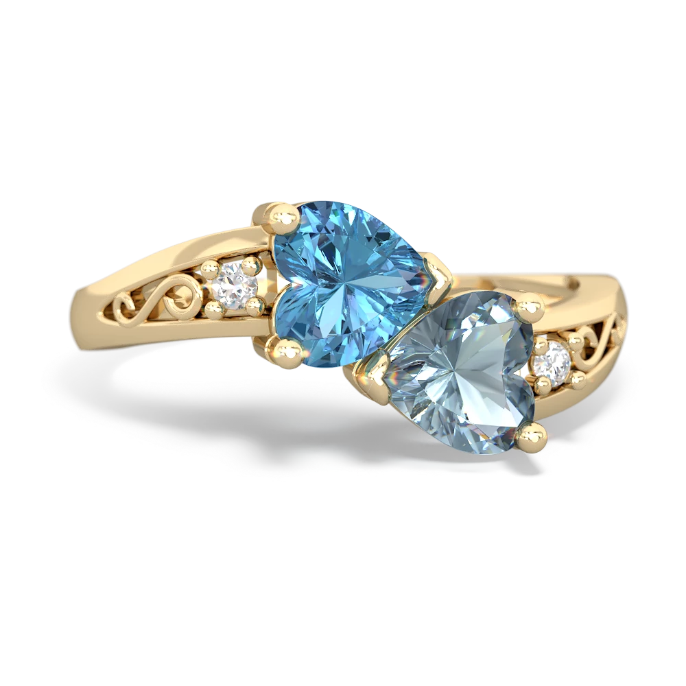 Blue Topaz Snuggling Hearts 14K Yellow Gold ring R2178