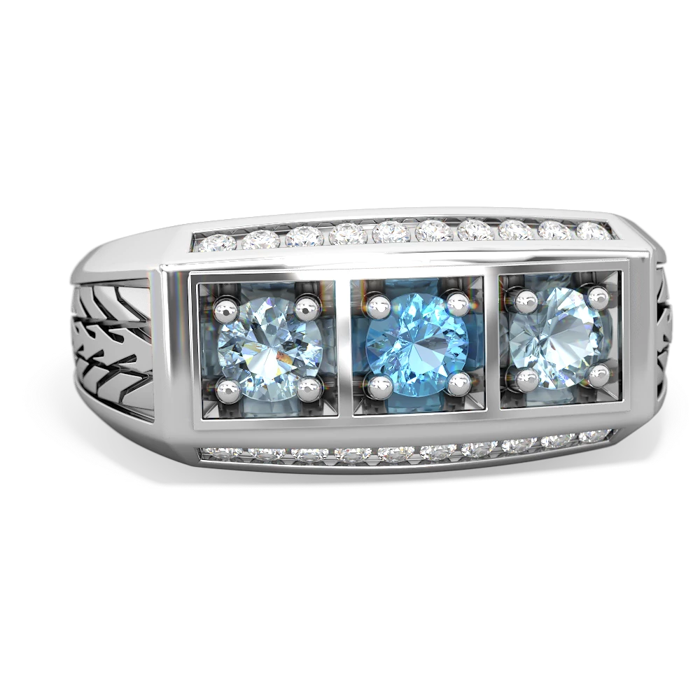 Blue Topaz Three Stone Tire Tread Men's 14K White Gold ring R0520