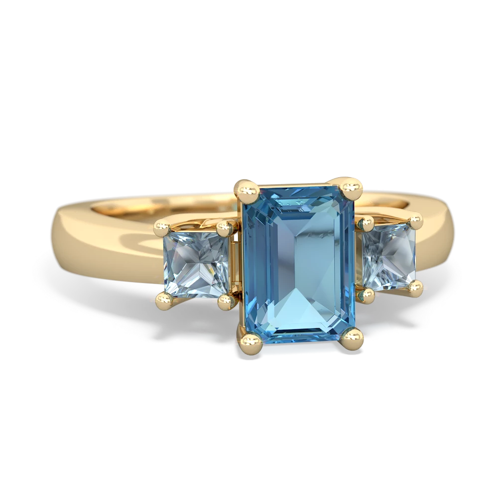 Blue Topaz Three Stone Emerald-Cut Trellis 14K Yellow Gold ring R4021