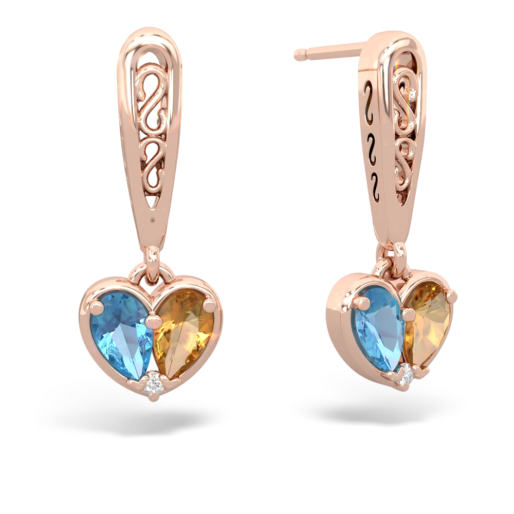 Blue Topaz Filligree Heart 14K Rose Gold earrings E5070