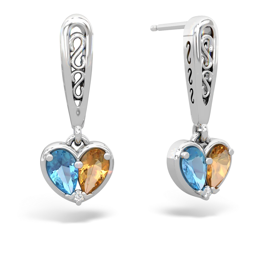 Blue Topaz Filligree Heart 14K White Gold earrings E5070