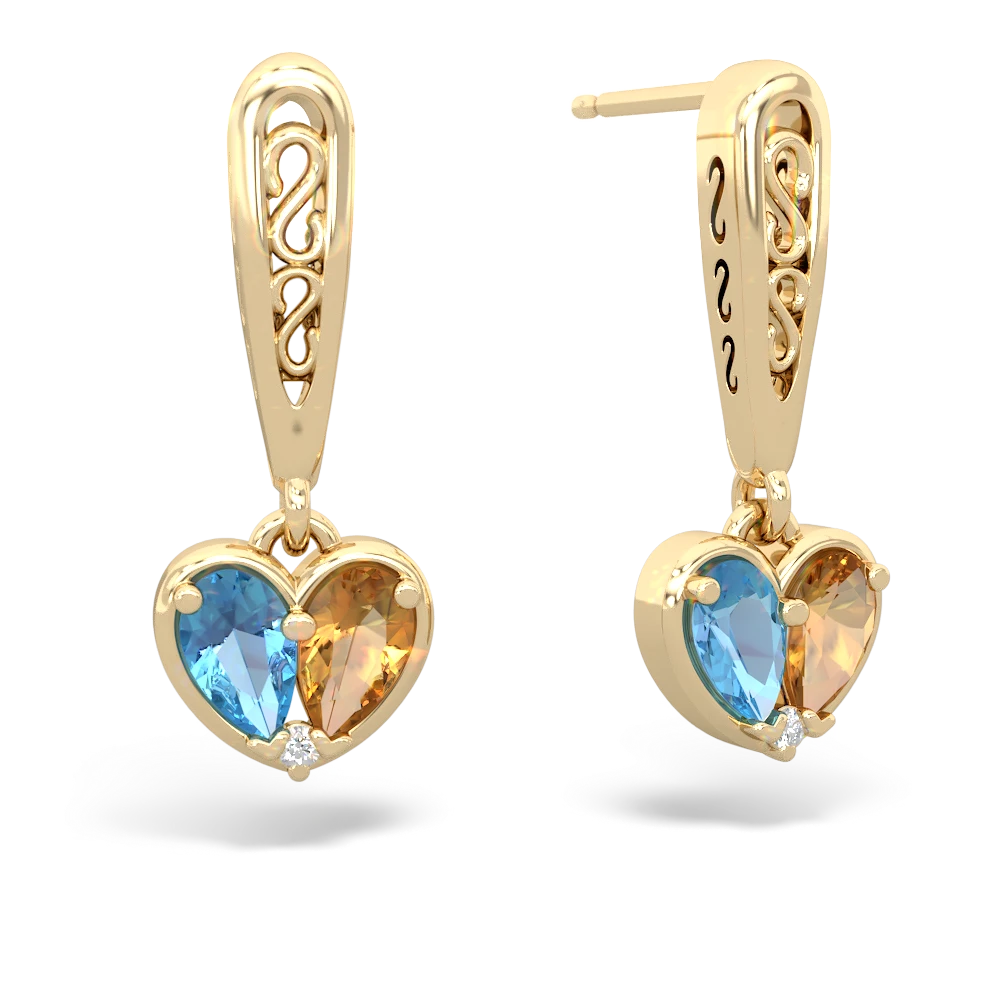 Blue Topaz Filligree Heart 14K Yellow Gold earrings E5070