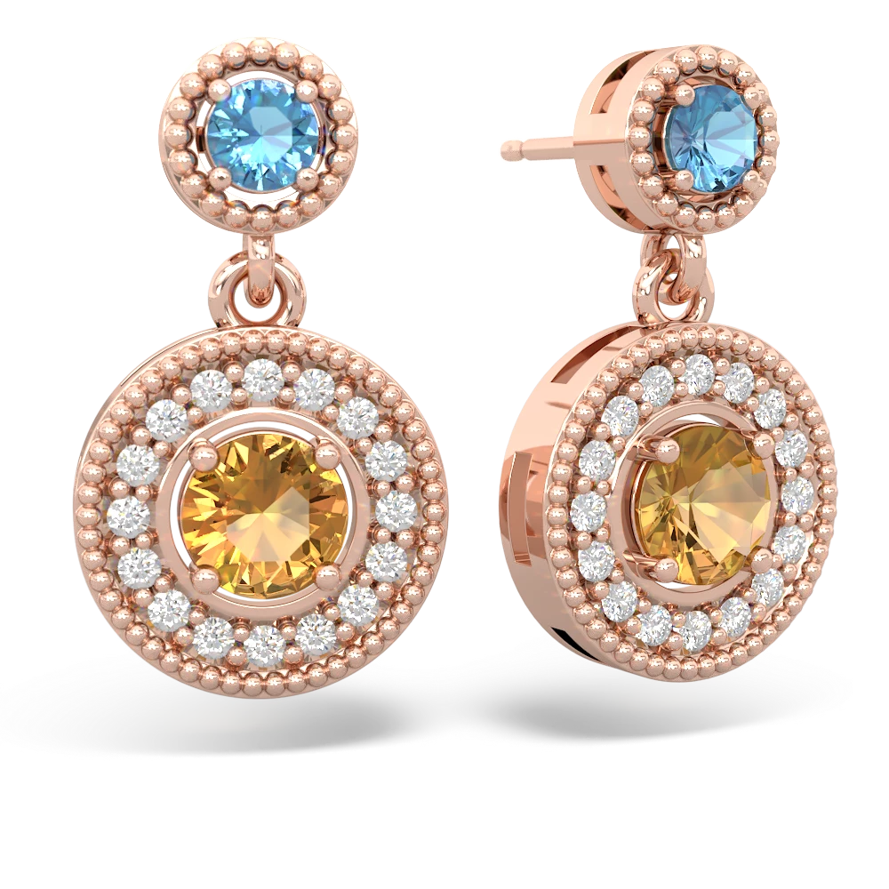 Blue Topaz Halo Dangle 14K Rose Gold earrings E5319