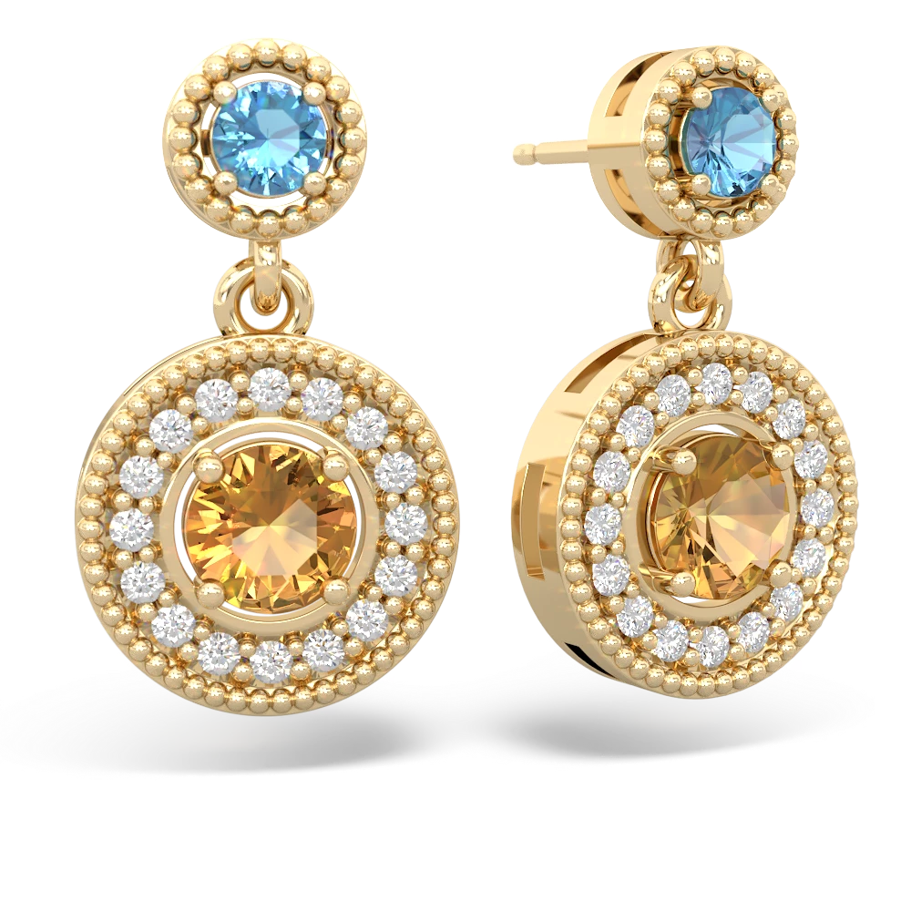 Blue Topaz Halo Dangle 14K Yellow Gold earrings E5319