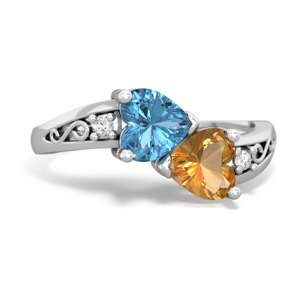 Blue Topaz Snuggling Hearts 14K White Gold ring R2178